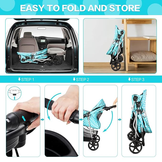 Dog Stroller for Small Dogs, Portable Pet Stroller for Cats Folding Puppy Stroller Lightweight Dog Cat Cage Jogger Stroller with Storage Basket and Cup Holder, 3 Wheels, Polka Blue