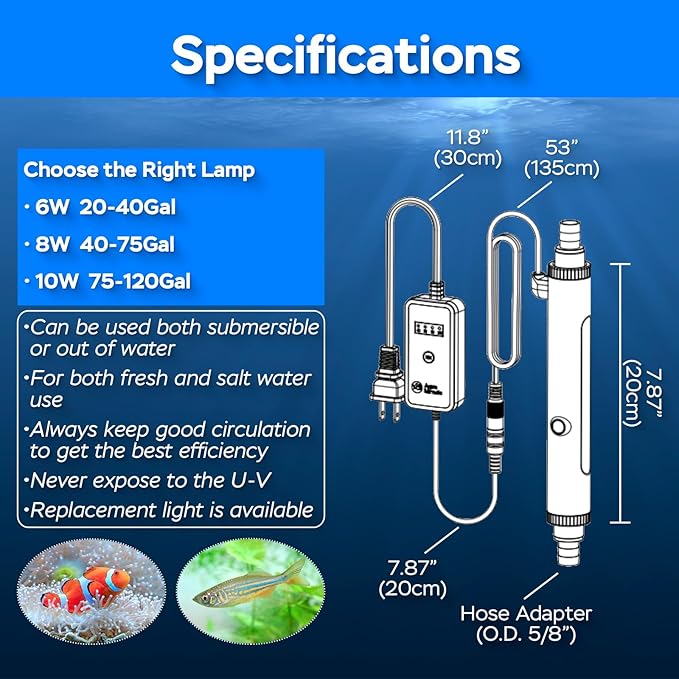 Aquarium U-V Light, Al-gae Clean Light for Fish Tank, Green Water Clean Lamp with Timer, Amphibian Aquarium U-V Lamp for in-Line and in-Tank Use, for 20-40 Gallons Fish Tanks(6W)