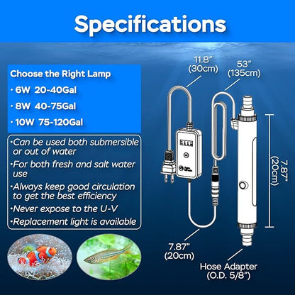 Aquarium U-V Light, Al-gae Clean Light for Fish Tank, Green Water Clean Lamp with Timer, Amphibian Aquarium U-V Lamp for in-Line and in-Tank Use, for 20-40 Gallons Fish Tanks(6W)