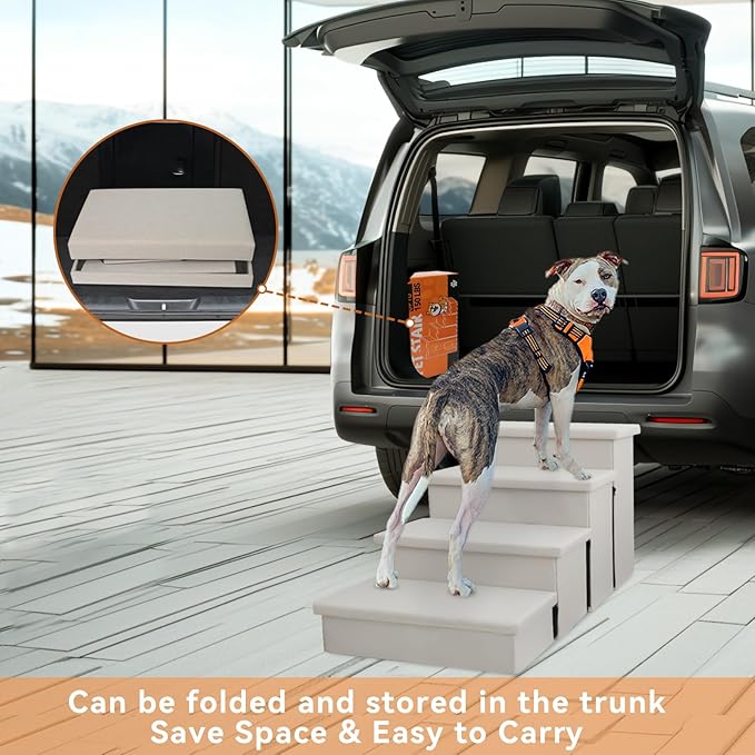 Dog Stairs with Storage 23" H, 4-Step Wider Dog Steps for High Beds Window, Folding Sturdy Pet Stairs Gift for Small/Medium/Large Dogs Cats, Dog Ramp for Climbing Car Hold Up to 200 lbs, Beige Gray
