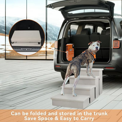 Dog Stairs with Storage 23" H, 4-Step Wider Dog Steps for High Beds Window, Folding Sturdy Pet Stairs Gift for Small/Medium/Large Dogs Cats, Dog Ramp for Climbing Car Hold Up to 200 lbs, Beige Gray