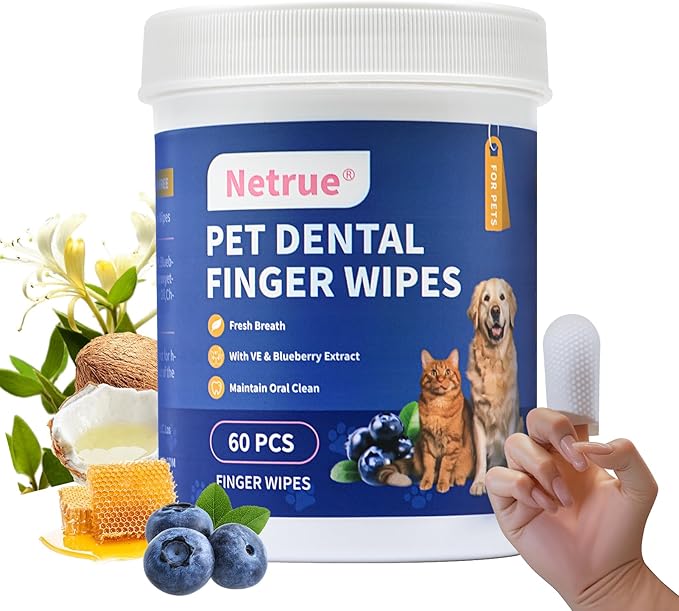 Netrue Dog Teeth Cleaning Wipes, Dog Dental Cleaning Finger Wipes for Dogs Teeth，Dog Tooth Wipes- Reduces Plaque & Freshens Breath (60 Count)