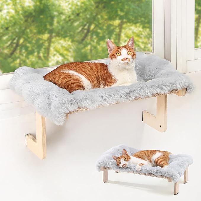 FUKUMARU Cat Window Perch, Transformable Cat Hammock with Fluffy Cushion for Windowsill and Floor, Cats Window Bed for Large Cats and Kittens, Reinforced Wood and Metal Frame, Easy to Adjust Pet Pech