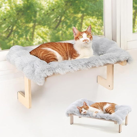 FUKUMARU Cat Window Perch, Transformable Cat Hammock with Fluffy Cushion for Windowsill and Floor, Cats Window Bed for Large Cats and Kittens, Reinforced Wood and Metal Frame, Easy to Adjust Pet Pech