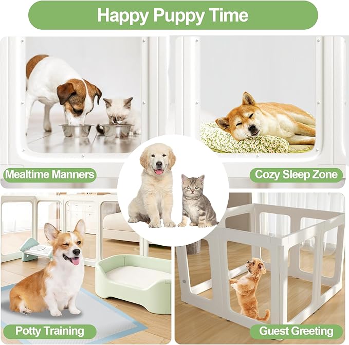 Clear Acrylic Dog Playpen Indoor, 24" Tall Puppy Play Pen with Door for Cat Bunny Small Animals, Transparent Doggie Fence Kennel Rabbit Ferret,Portable Pet Cages Easy Assemble, White, 10PCS