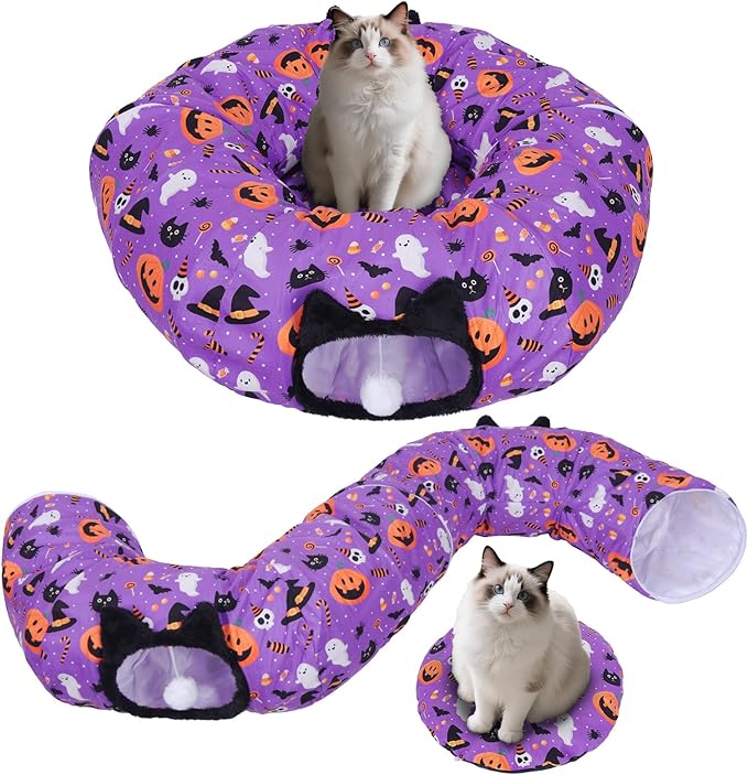 Tidjani Halloween Cat Tunnel, Cat Tunnels for Indoor Cats, Foldable Pet Donut Bed with Washable Mat and Dangling Balls, Pumpkins Spider Candy Pattern Decor, Pet Halloween Toys Gifts