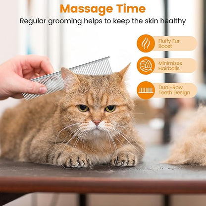 2Pcs Stainless Steel Dog Comb, Round Tooth Cat Comb with 2 Tooth Widths, Metal Combs for Removing Knots and Tangles, Grooming Tool for Long and Short Hair Pets, 7.5 IN Silver