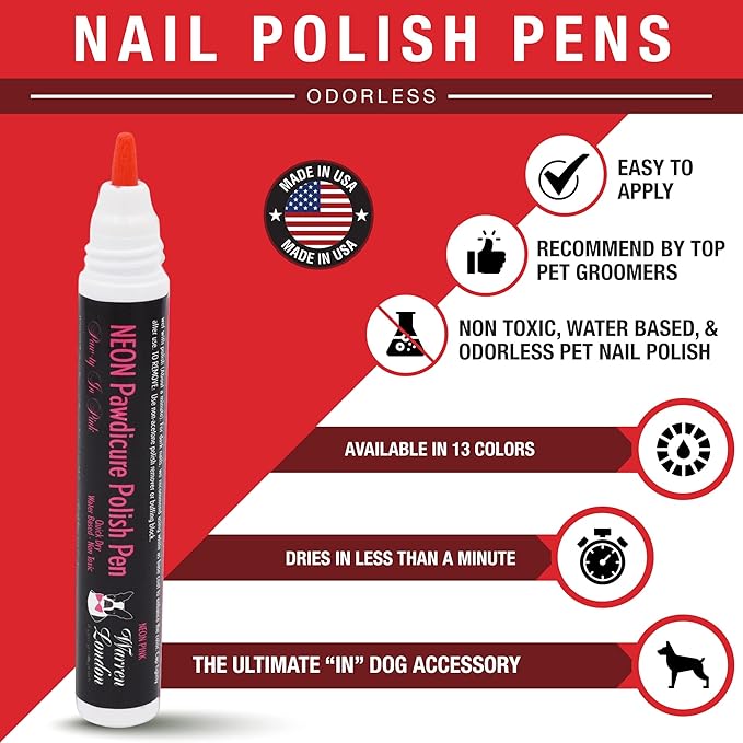 Warren London Pawdicure Dog Nail Polish Pens | Made in USA | Quick Dry, Low Odor, Non-Toxic Dog Accessories | Ideal for Dog Birthday, Dog Costume | 13 Colors | Neon Pink