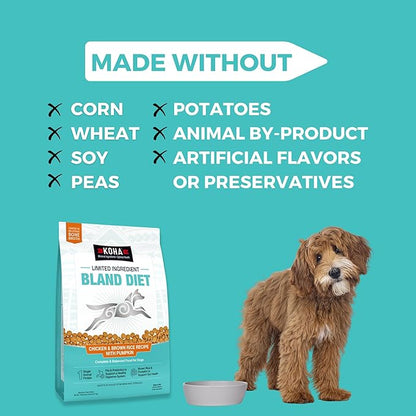 KOHA Limited Ingredient Bland Diet Dry Food for Dogs - Chicken & Brown Rice Recipe, Sensitive Stomach Dog Food - Pumpkin for Digestive Support, 3.5 lbs