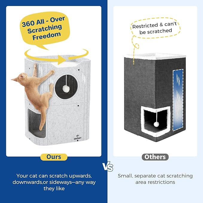 Cat House for Indoor Cats Large Cat Bed Cave 2-Storey Cats Condo with Cozy Felt Covered Hideaway for Multiple Pets Light Grey