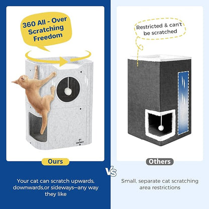 Cat House for Indoor Cats Large Cat Bed Cave 2-Storey Cats Condo with Cozy Felt Covered Hideaway for Multiple Pets Light Grey