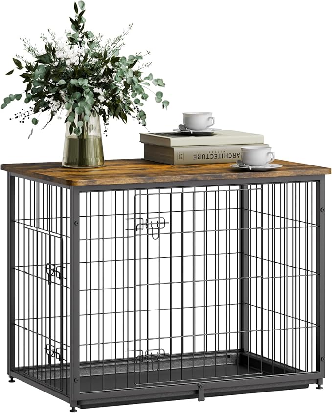 VEVOR 33" Dog Crate Furniture, Dog Kennel Furniture with Double Doors, 2-in-1 Decorative Wooden Dog Crate with Removable Tray, Dog Crate End Table Hold up to 45 lbs for Small, Medium Dogs Brown