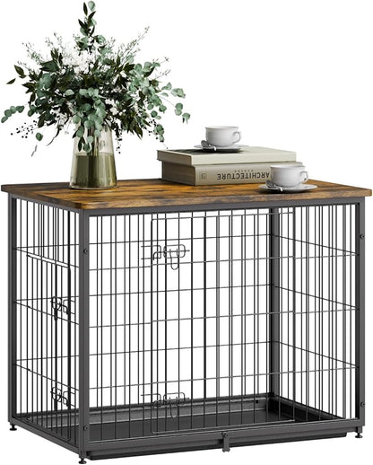 VEVOR 33" Dog Crate Furniture, Dog Kennel Furniture with Double Doors, 2-in-1 Decorative Wooden Dog Crate with Removable Tray, Dog Crate End Table Hold up to 45 lbs for Small, Medium Dogs Brown
