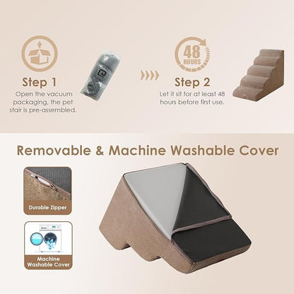 EHEYCIGA Curved Dog Stairs Ramp for High Beds 22.6" H, 5-Step Dog Steps for Small Dogs and Cats, Pet Stairs for High Bed Climbing, Non-Slip Balanced Pet Step Indoor, Camel