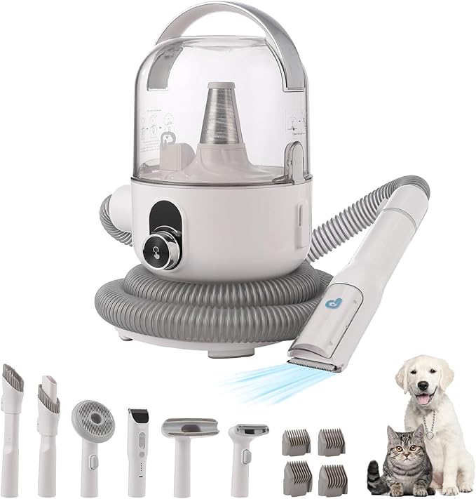 IDEALHOUSE Dog Hair Vacuum and Grooming Kit, 2L Dust Cup with 5 Grooming Tools, High Suction Power for Shedding Pet Hair, Low Noise for Stress-Free Grooming, Home Cleaning, White and Grey