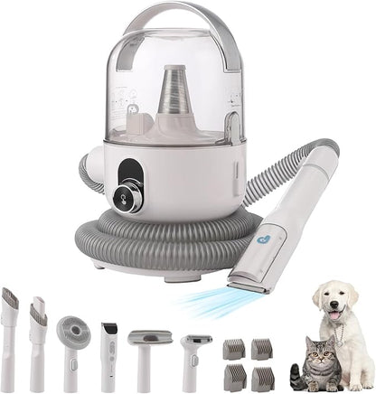 IDEALHOUSE Dog Hair Vacuum and Grooming Kit, 2L Dust Cup with 5 Grooming Tools, High Suction Power for Shedding Pet Hair, Low Noise for Stress-Free Grooming, Home Cleaning, White and Grey