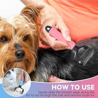 2PCS Pet Safe Dematting Comb for Dogs - Double Sided Dematting,Upgraded Pet Safe Dematting Comb for Dogs Cats, Deshedding Dog Brush Cat Dematting Tool,Dog Hair Mat Remover(Blue-Large + Pink-Small)