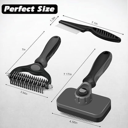 3PCS Self Cleaning Slicker Brush & Pet Grooming Rake & Flea Comb for Dogs,Cats and Horses | Double-Sided Dematting Comb & Skin Friendly Deshedding Grooming Tool | Premium Pet Supplies（Gray Black)
