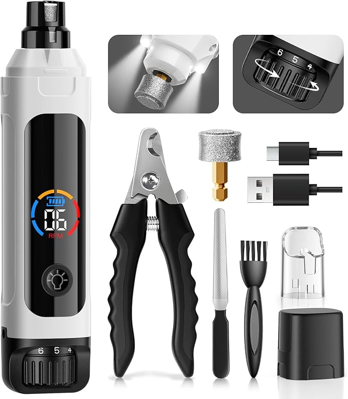 Dog Nail Grinder, 6-Speed Quiet Electric Dog Nail Trimmers, Dog Nail Clippers with File for Small Medium Large Dogs, Cats, Rechargeable Pet Paw Grooming Supplies Kit, 2 Grinding Wheels (White)