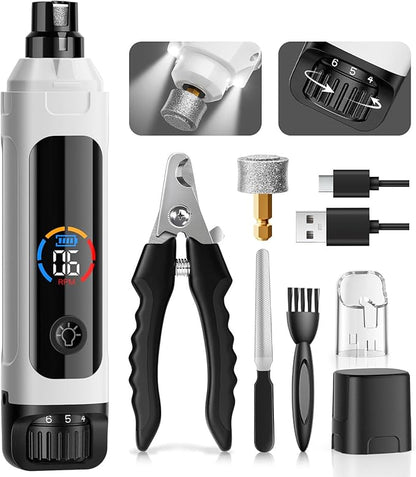 Dog Nail Grinder, 6-Speed Quiet Electric Dog Nail Trimmers, Dog Nail Clippers with File for Small Medium Large Dogs, Cats, Rechargeable Pet Paw Grooming Supplies Kit, 2 Grinding Wheels (White)