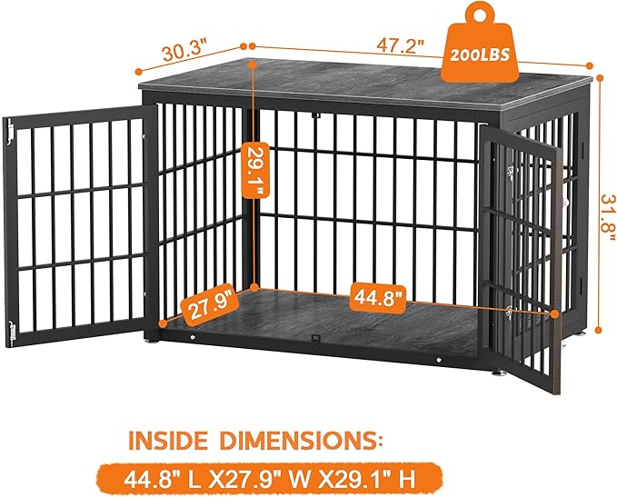 48 Inch Heavy Duty Dog Crate Furniture for Large Dogs, Decorative Pet House End Table, Extra Large Wooden Cage Kennel Furniture Indoor, Black and Gray