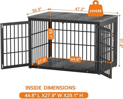 48 Inch Heavy Duty Dog Crate Furniture for Large Dogs, Decorative Pet House End Table, Extra Large Wooden Cage Kennel Furniture Indoor, Black and Gray