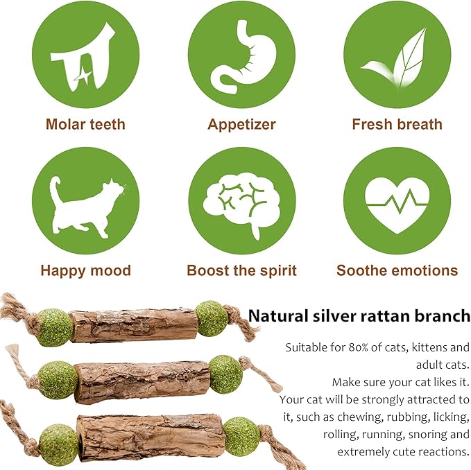 Silvervine Sticks Catnip Toys for Cats, 3 Pack, Interactive Indoor Cat Toy for Teeth Cleaning, Natural Matatabi Chew Treat for Aggressive Chewers