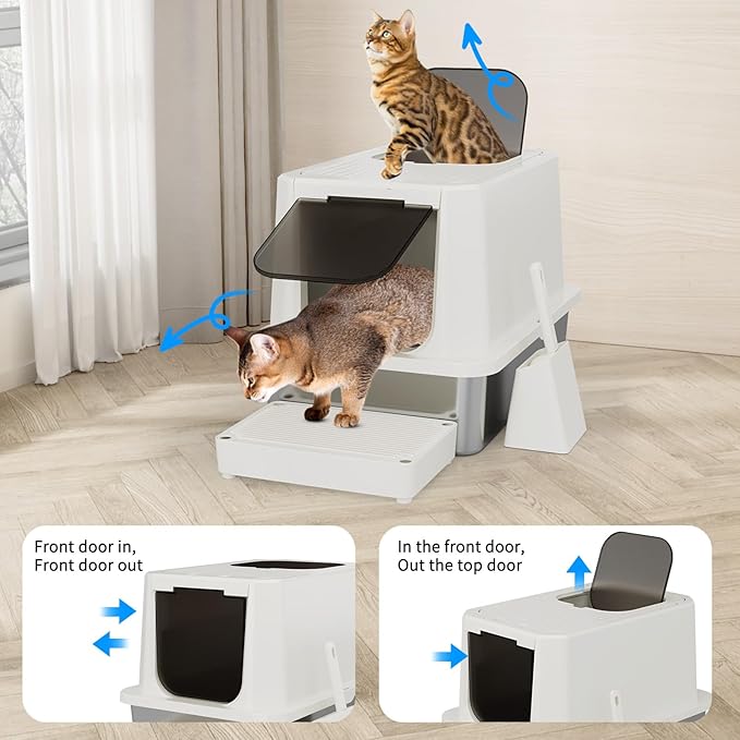 RIZZARI Stainless Steel Litter Box: 23.8" × 11.7" × 16.1" Beige Non-Stick Litter Pan with Cat Litter - Easy to Clean for Apartments - Multi-Cat Homes