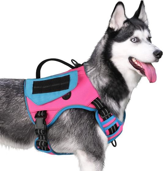 WINGOIN Tactical Dog Harness for Small Dogs, No Pull Harness with Handle Pockets Poop Bag, Reflective Dog Vest, Military Service Heavy Duty Big Dog Harness for Walking Hiking Training, Pink Blue, S