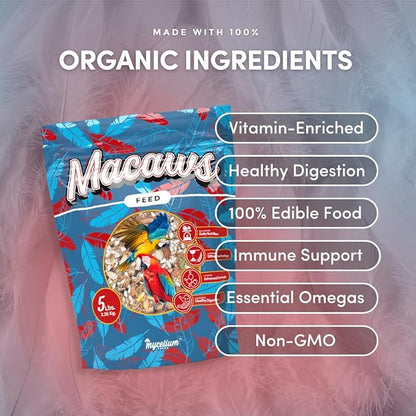 Mycelium Organic Macaw Bird Food (5 LB Bag) | Premium Seed, Pellet & Kibble Blend for Large Parrots | High-Protein, Digestive & Feather Support | Non-GMO, USA-Grown