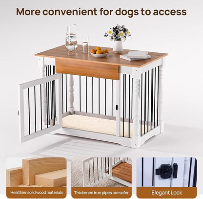 Dog Crate Furniture - Solid Wood Roman Column Kennel for Small/Medium Dogs | Multi-Functional Pet Bed with Removable Tray & Coffee Table Design | Modern Home Decor,Indoor Furniture (White)