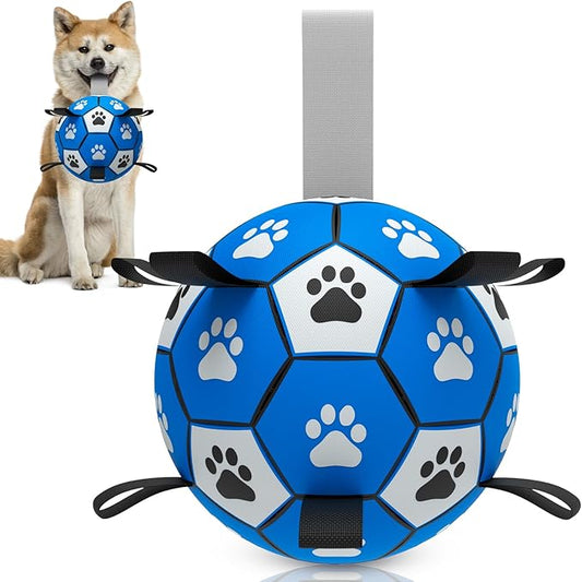 QDAN Dog Ropes Toys Soccer Ball with Straps, Interactive Dog Toys for Tug of War, Puppy Birthday Gifts, Dog Tug Toy, Dog Water Toy, Durable Dog Balls for Small & Medium Dogs-Blue&Grey（6 Inch）