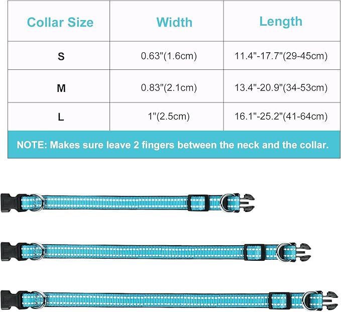 AUAUY Reflective Nylon Dog Collars, Adjustable Classic Pet Collars with Soft Neoprene Padding, Double Security Dual D-Ring and Quick Release Buckle for Small Puppy, Medium and Large Dogs (Lake Blue-S)
