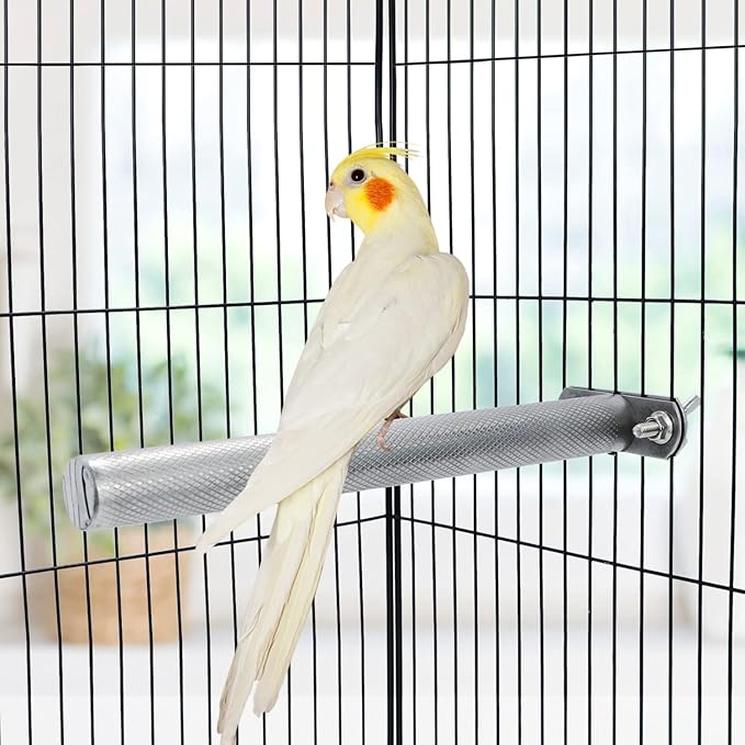 Wontee Bird Perch Stand Stainless Steel Parrot Cage Perch Accessories for Parakeets Cockatiels Conures African Greys Macaws Amazon Parrots (S (7.9"x0.7")