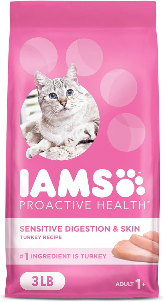 Iams IAMS PROACTIVE HEALTH Adult Sensitive Digestion & Skin Dry Cat Food with Real Turkey Cat Kibble, 3 lb. Bag