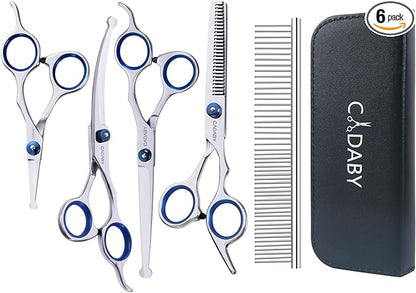 Dog Grooming Scissors Kit with Safety Round Tips,6 in 1 Professional Dog Scissors for Grooming, 4CR Stainless Steel Pet Grooming Shears for Dog, Cat, Blue