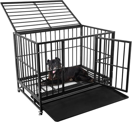 42 inch Heavy Duty Dog Crate with Lockable Wheels, Escape Proof Dog Crate cage Kennel for Large Dogs, High Anxiety Indestructible Dog cage, Double Door and Removable Tray