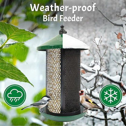 Happy Wings Portable Dual Mesh Metal Hanging Finch Bird Feeder - Durable & Heavy- Duty with 360° Perch & 2 Separate Seed Compartments - Holding Capacity: Upto 3.4 lbs (1.5 Kg) - (Natural Green)