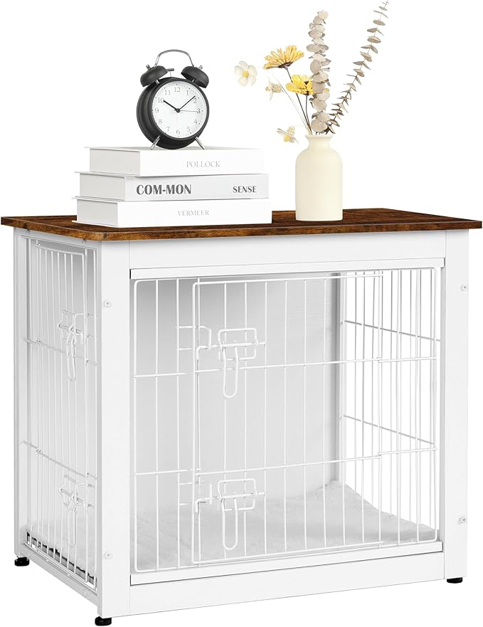 DWANTON Dog Crate Furniture with Cushion, Wooden Dog Crate with Double Doors, Dog Furniture, Dog Kennel Indoor for Small Dogï¼_nd Table, 27.2" L, White+Rustic Brown