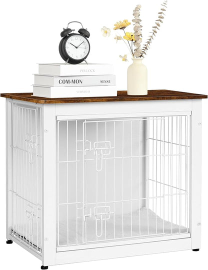 DWANTON Dog Crate Furniture with Cushion, Wooden Dog Crate with Double Doors, Dog Furniture, Dog Kennel Indoor for Small Dogï¼_nd Table, 27.2" L, White+Rustic Brown