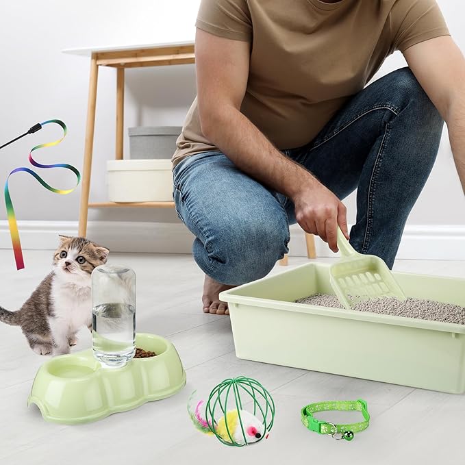7 Pcs Small Cat Kitten Starter Kit Cat Litter Box with Shovel Paw Litter Mat Double Automatic Kitten Bowls Toy Teaser Stick Collar Essentials Kits for 1-3 Lbs Beginner(Simple,Green)