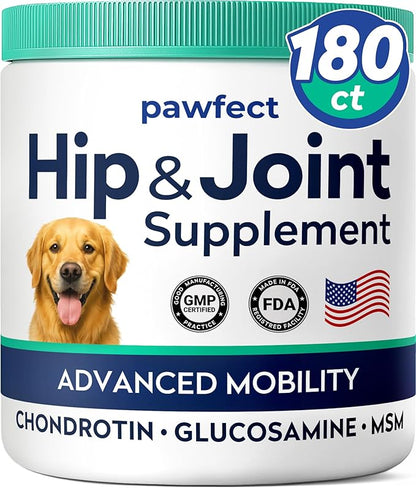 PAWFECTCHEW Advanced Hip & Joint Glucosamine Supplement for Dogs - Treats for Picky Eaters w/Chondroitin, MSM, Omega-3 - Joint Pain Relief - Chicken Liver - 180 Ct - Made in USA