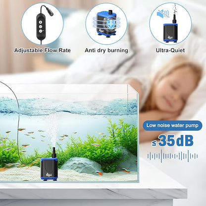 AQQA DC Aquarium Water Pump with Controller,4 Flow Adjustable,Feed Mode,IP68 Submersible Quiet Fish Tank Pump,3 Nozzles for Pond Fountain Statuary Hydroponics Freshwater Saltwater 10W 110V-240V