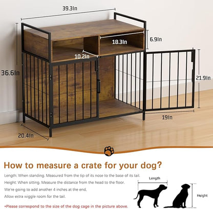 aboxoo 40/32 Inches Furniture-Style Cages,Large Medium Dog Kennels Indoor,Wood Dog Crate Table with Drawers Storage(Rustic Brown)