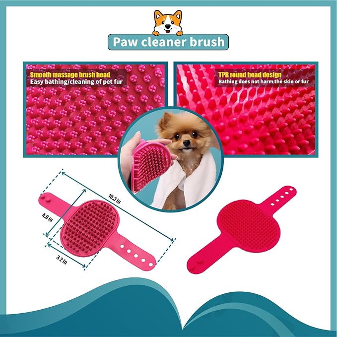 Dog Paw Washer with Handle, Absorbent Towels, Adjustable Bath Brush for Short & Long Hair (Muddy Pet Foot Cleaner), Pink, Medium