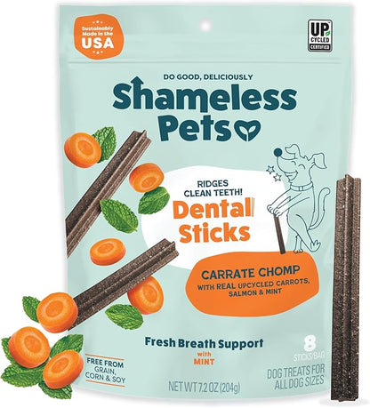 Shameless Pets Carrate Chomp Carrot Dental Chews for Dogs – Natural Dog Dental Sticks for Fresh Breath, Teeth Cleaning & Removes Tartar, Grain-Free Dog Treats, No Corn or Soy, 8 Sticks
