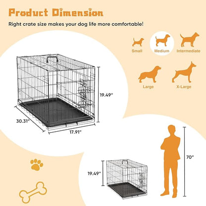 DUMOS Dog Crate, 30 Inch Medium Double Door Dog Cage with Divider Panel and Plastic Leak-Proof Pan Tray, Folding Metal Wire Pet Kennel for Indoor, Outdoor, Travel
