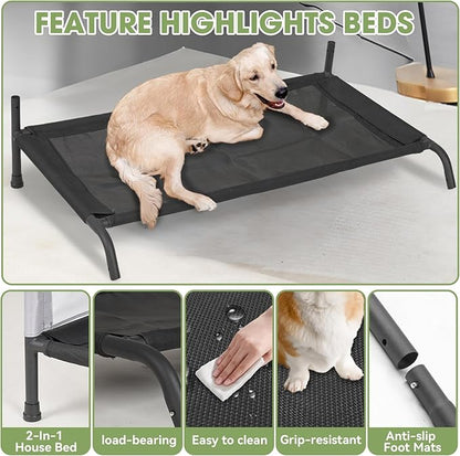 Dog Shade Shelter Outdoor Tent for Large Medium Dogs, Outdoor Pet Tent Weatherproof, Outside Sun Rain Canopy Pet Houses with Elevated Dog Bed for Dogs, Small Animals and Livestock,3.4'x3.4'x3.2', Grey