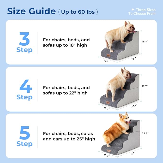 Dog Stairs for Small Dogs - Pet Stairs for Couch and Bed, 35D Foam Dog Steps with Non-Slip Bottom Dog Ramp Grey, 3 Steps