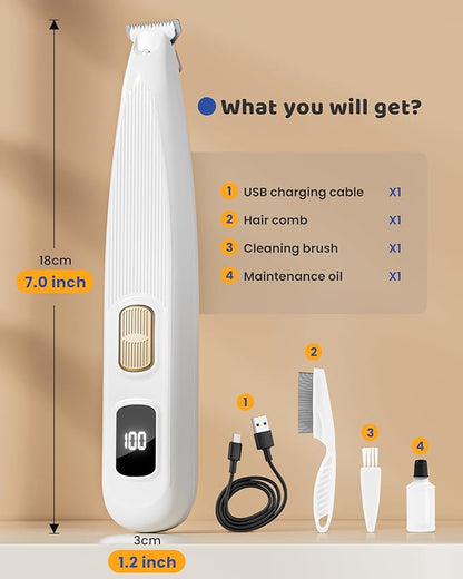 Dog Paw Trimmer with LED Light, 35dB Low Noise Precision Pet Paw Trimmer for Dogs Cats Grooming Clippers, 2 Speed Safety Electric Paw Hair Trimmer for Paws, Ears, Rump, Face, Eyes (White)